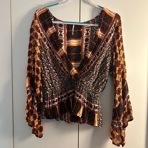 Free People Brown and Orange Bell Sleeve Wrap Blouse